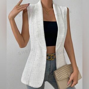 White and gold open front blazer vest